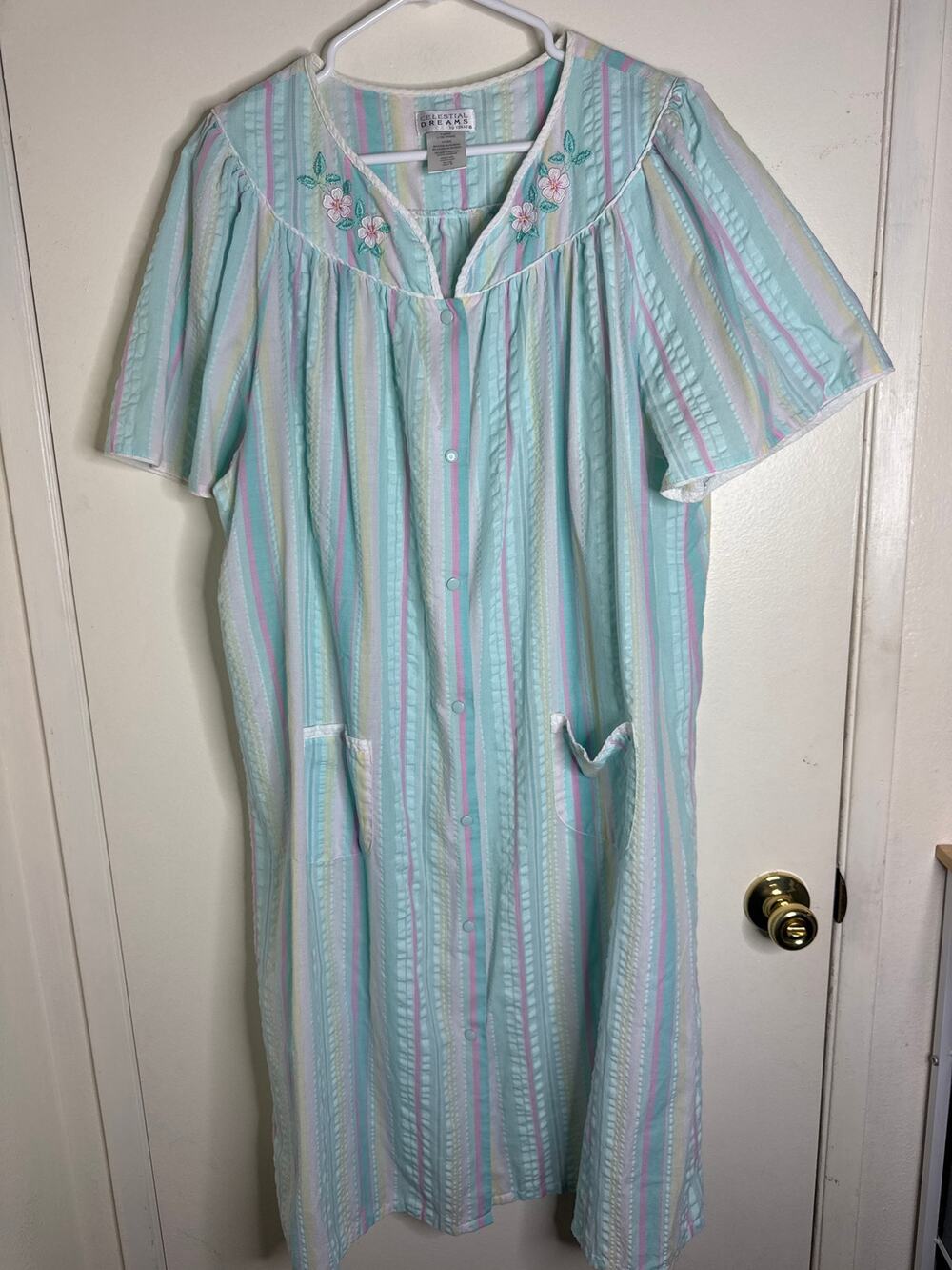 VTG Celestial Dreams by Komar Snap Front Duster House Dress Pastel Stripe XL